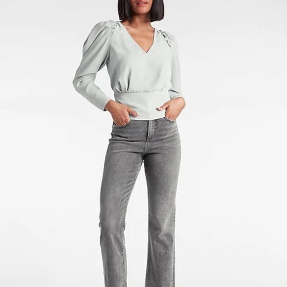 NWT Express Gray Puff Sleeve V-Neck Top Blouse - Picture 3 of 5